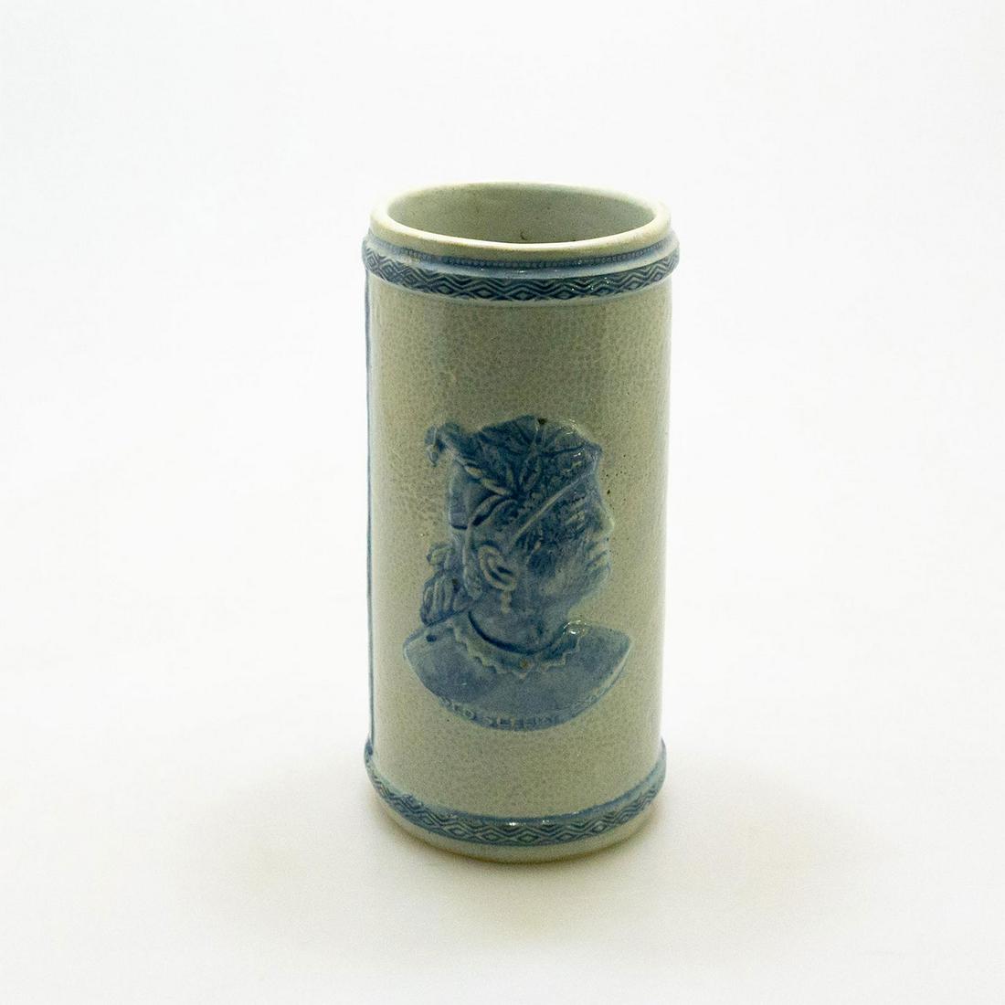 Old Sleepy Time Vase: Salt glaze old sleepy time pottery vase with indian portrait on one side and grass with dragon fly on reverse. Impressed makers mark on base. Issued: Late 19th century Dimensions: 2.5"H x 4" dia. Manu