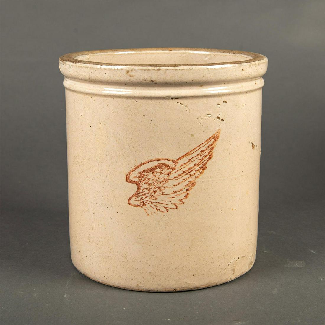 Vintage Red Wing Stoneware Salt Glaze Crock: Collectible kitchenware with red wing stamp on body. Age related wear. Issued: 20th c. Dimensions: 7.75"H Country of Origin: USA