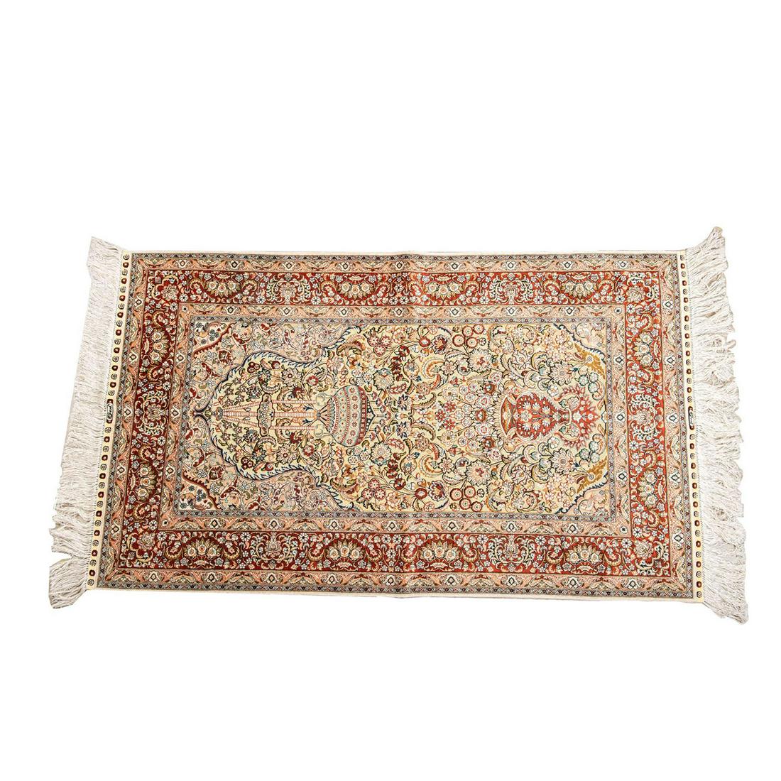 Persian Hand Knotted Prayer Rug: Fine quality, silk rug with low, even soft piles. Beautiful colors with gold field. Very soft, with tight weave. Issued: 20th c. Dimensions: 36.75"L x 62.5"H