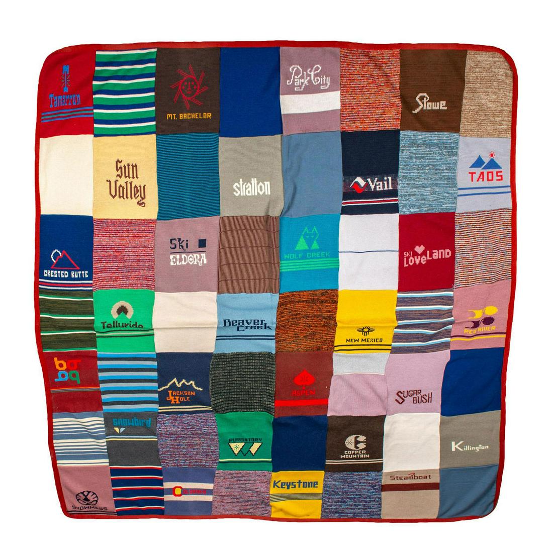 Large Vintage Ski Resort Afghan: Throw or blanket featuring all the major USA ski resorts. Woolen; multicolored. Features places such as: Park City, Stratton, Sun Valley and Mt. Bachelor. All places stitched to perfection. Issued: 20