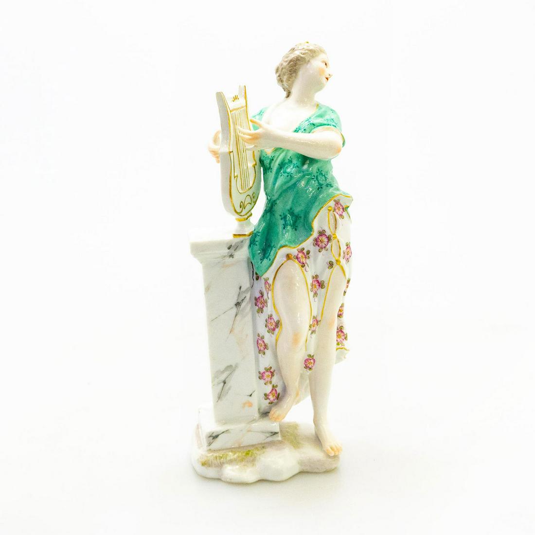 Derby Porcelain Figurine, Musical Maiden with Hand Harp: Hand painted of a sultry woman playing the hand harp next to a pillar, gilt accents. Possible restoration to right leg and wrist. Artist blue mark to backside. Artist: Isaac Farnsworth Issued: 19th c.