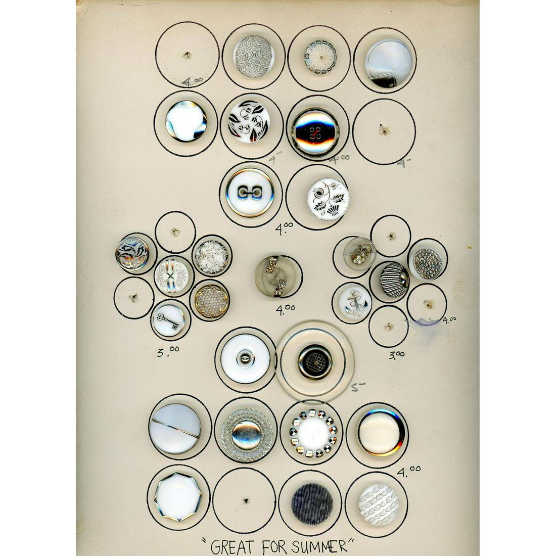 3 Cards Of Assorted Modern 1940'S Glass Buttons: Over 100 small and medium size assorted modern glass buttons. Included on three large cards are white glass in assorted styles, colored glass in assorted styles, clear glass in assorted styles, all in