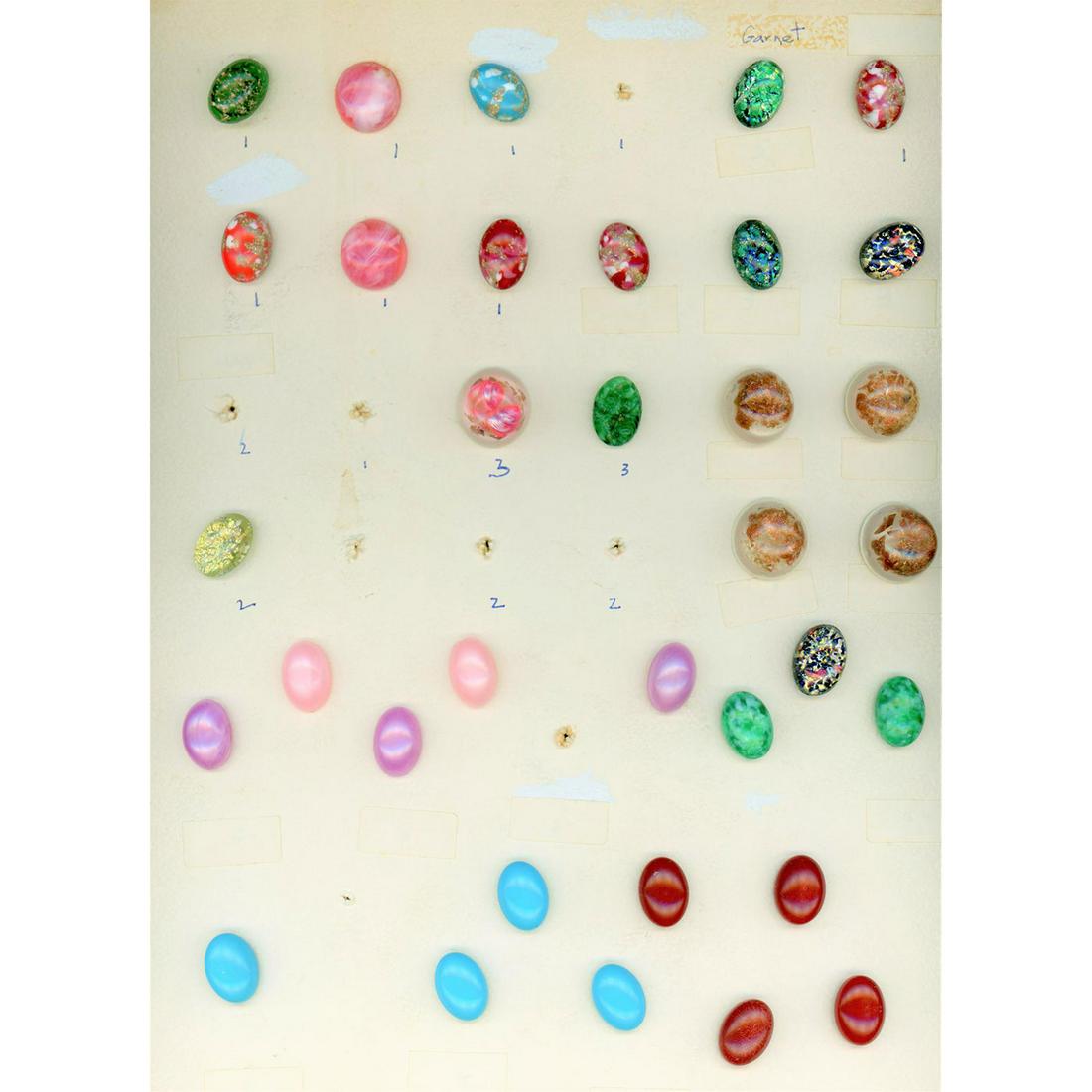 2 Cards Of Moonglow-Popper & Other Modern Glass Buttons: Over 60 S/M modern glass buttons in assorted styles. These two cards have several examples of black glass moonglows, as well as many oval cabochon type goldstone trimmed and popper type glass buttons.