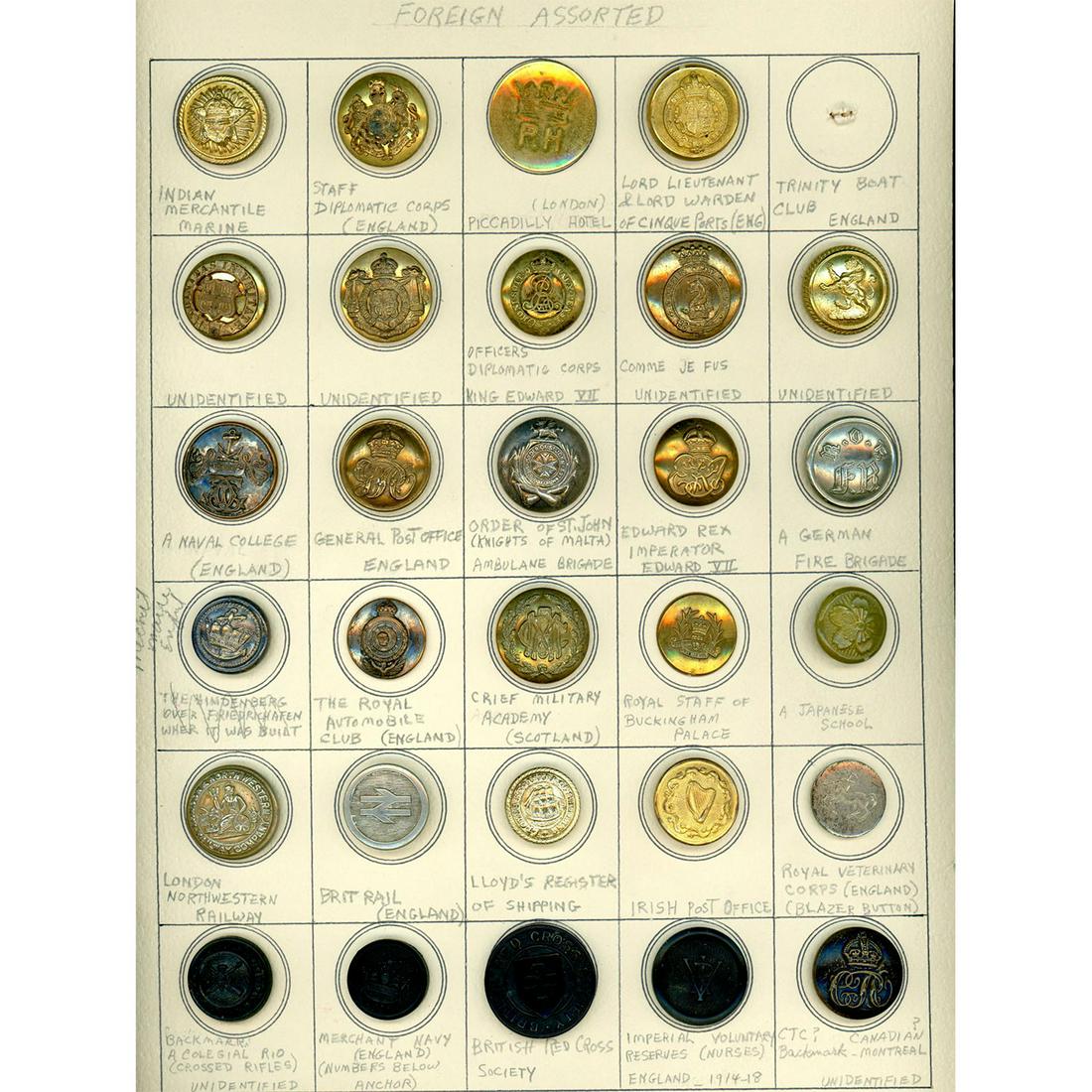 3 Cards Of Assorted European Uniform Buttons: Over 80 brass and silvered 19th C. uniform buttons from Europe. These include Sweden, England, France, Belgium. Istanbul and more. Also included Japan and Canada. Unusual lot. Issued: DIVISION 1=PRE 1