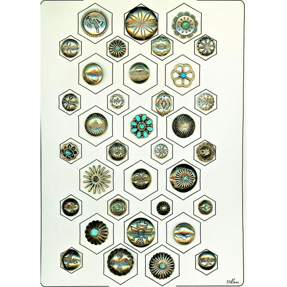 One Full Card Of Early Indian Silver Buttons: 34 Small and medium Indian silver buttons from the early 1900's. This card boasts a beautiful selection of engraved and several Turquoise OME (trimmed) buttons from the earlier half of the 20th centur