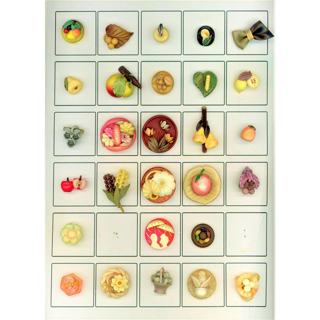 One Card Of Realistic Celluloid Weeber Buttons: 28 Small/Medium/Large buttons from the studios of Marion Weeber. These whimsical plant and fruit buttons have become a favorite of collectors over the years. Designed and produced by Marion Weeber in 