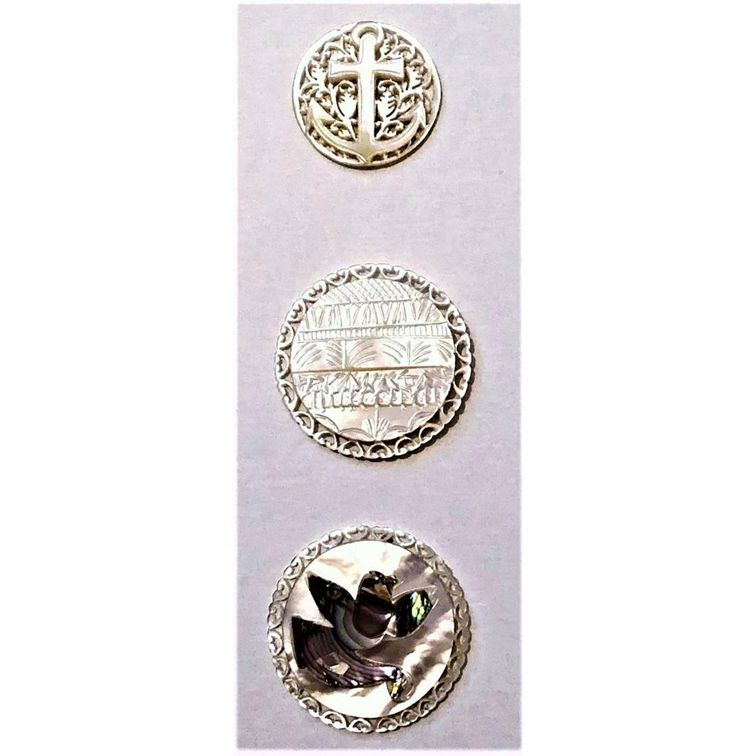 Small Card Of Bethlehem Pearl Buttons: 3 Large carved and or pierced pearl buttons from Jerusalem. This lot depicting religious symbols and scenes differs from the last couple of lots in that it includes a scarcer Abalone inlay of a dove i