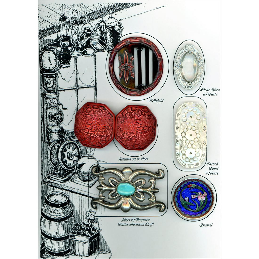 1 Whole Card Of Assorted Material Buckles Incl. Pearl: 6 Large 1 and 2 piece buckles in assorted materials incl. pearl. The large oval pearl example is beautifully carved, also included is a 2 piece carved cinnabar buckle, a one piece Indian silver and tu