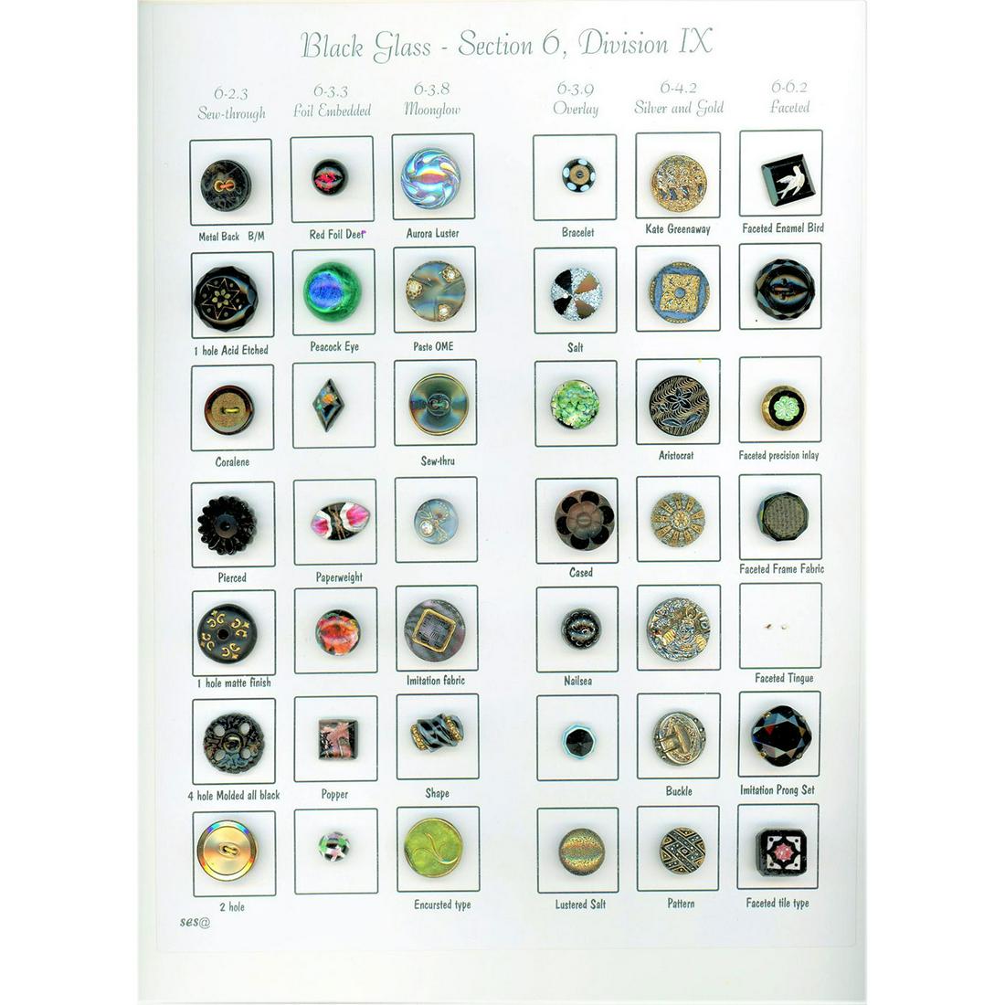 Award Winning Tray Of Div 1 & 3 Black Glass Buttons: 41 Small assorted black glass covering the 19th & 20th centuries. The card includes the scarce Nailsea, an Aristocrat, the black glass moonglow dragonfly with paste, overlays, tiles, lusters and so mu