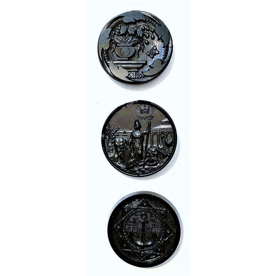 Small Card Of Large Black Glass Pictorial Buttons: 3 Large 19th century black glass picture buttons. There are some wonderful large black glass pictures in this auction and this is the start of them. From the collection of Gerrie Meyer, this is a nice