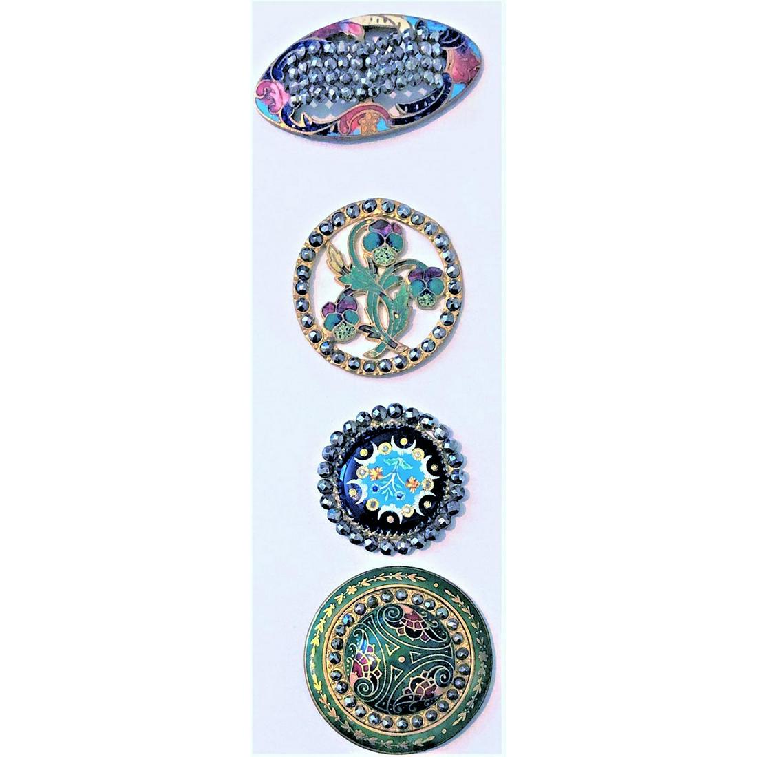 Small Card Of Steel Embellished Enamel Buttons: 4 Large 19th century enamels with cut steel OME. Here are different examples of enamel work including foil imbedded, champlev?, and more all having one thing in common, they all have cut steel embelli