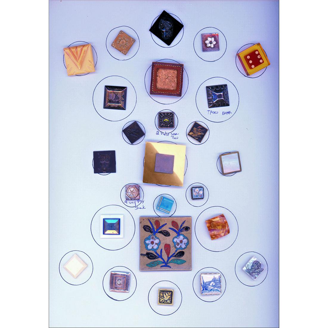 A Full Card Of Assorted Materisal Square Buttons: 25 Small/Medium/Large square buttons in assorted materials. The lot includes an extra large early Chinese cloissonne on heavy iron, a medium square engraved steel owl, Bakelite Dice in applejiuce, a l