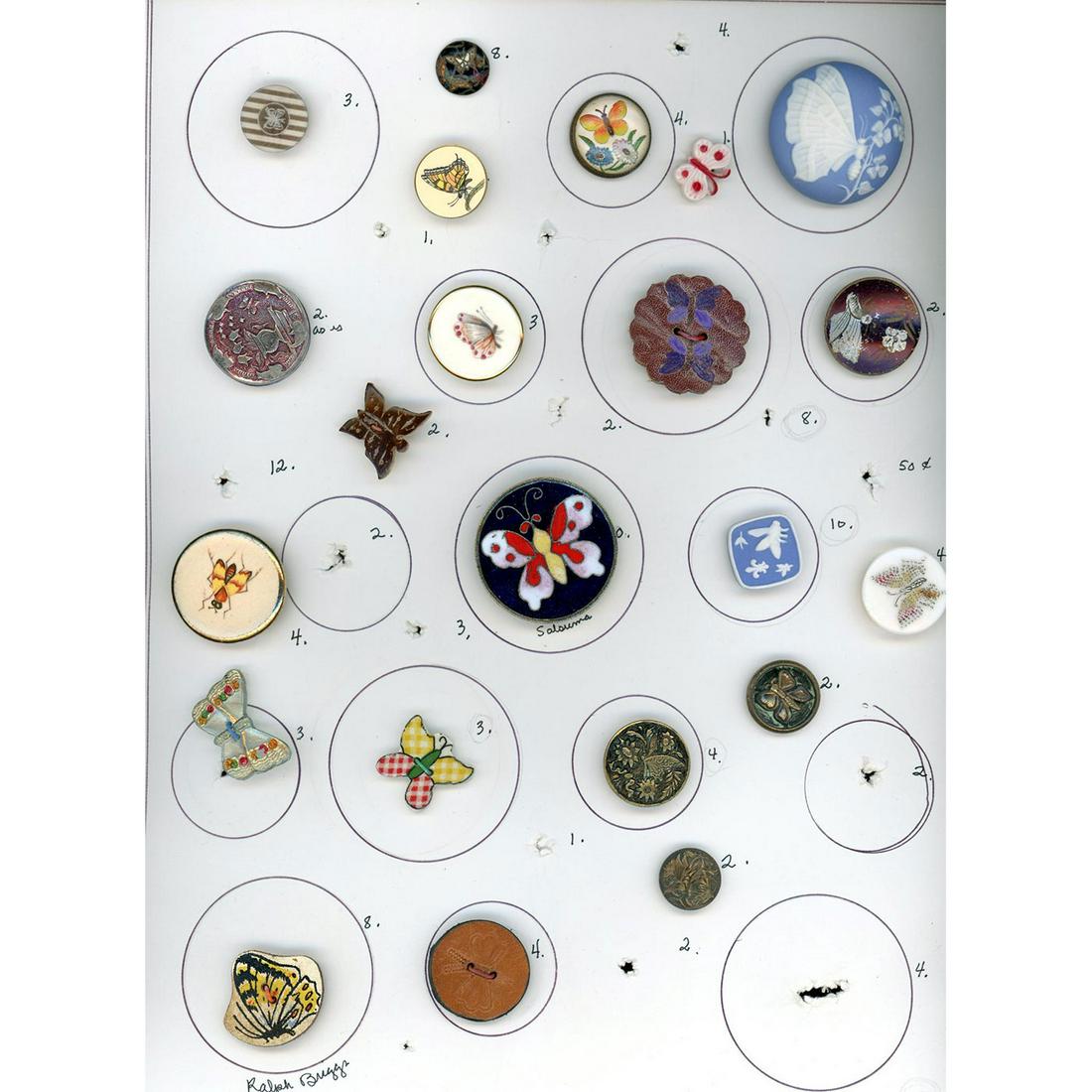 2 Partial Cards Of Assorted Materisal Insect Buttons: 49 Small/Medium/Large assorted material insect buttons. Nice assortment of materials including Bakelite, Cloissonne enamel including a high relief butterfly, carved pearl, brass, Jasperware, leather, 