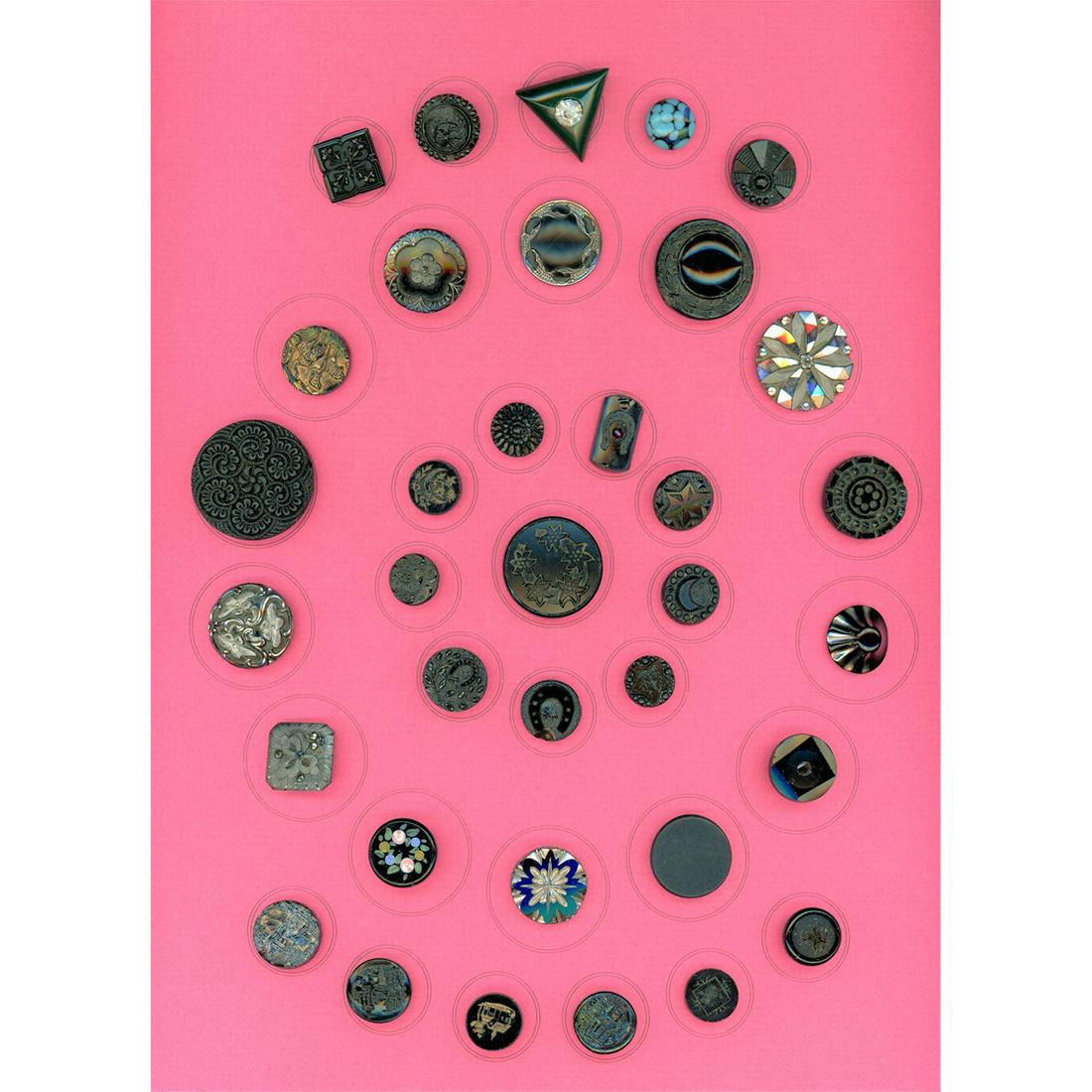 2 Cards Of Div 1 And 3 Black Glass Buttons: Over 70 Small/Medium/Large 19th and 20th c. black glass buttons. The lot includes paste trimmed, lusters assorted, lacy types, pictorial, Victorian and more. Issued: DIVISION 1=PRE 1918 AND DIVISION 3