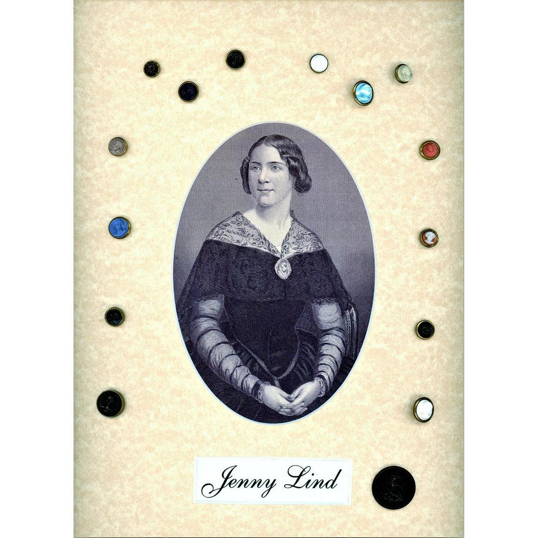 A Card Of Division 1 Glass Set In Metal Buttons: 15 S/M 19th century glass in metal buttons of Jenny Lind. These fun buttons depicting Jenny Lind are found here in a variety of colors. Issued: DIVISION 1=PRE 1918 AND DIVISION 3 IS AFTER 1918 Dimensi