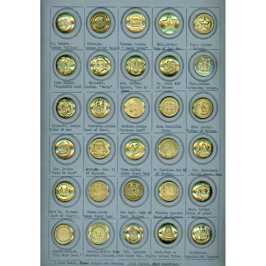 2 Framed Cards Of Buttons Including State Seals: Over 75 Small/Medium/Large assorted material buttons. This lot includes 30 medium brass State Seal buttons all identified. The lot also includes a tray of assorted materials in sets assorted. Issued: