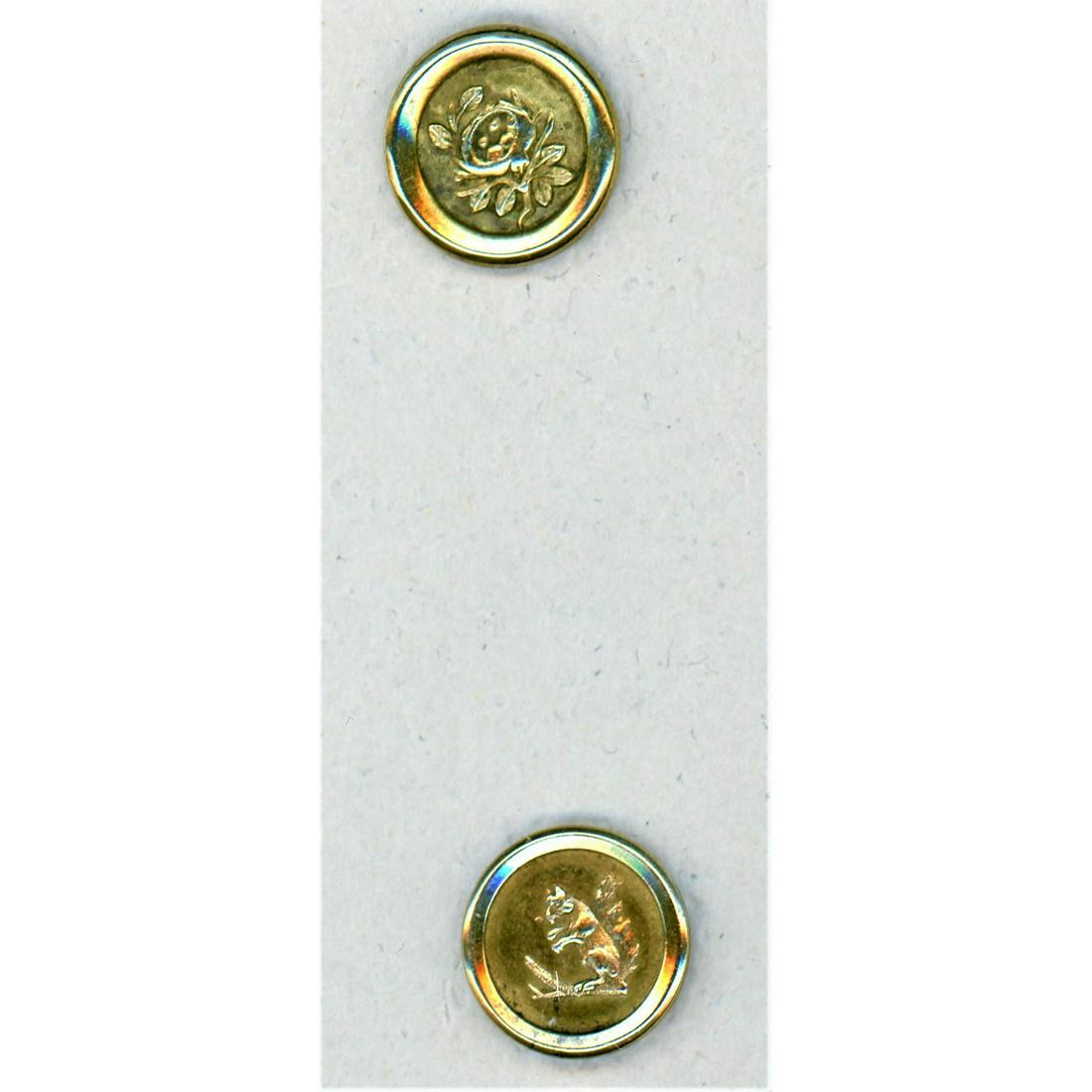 A Pair Of American Jacksonian Buttons: Two small size gilded brass "Jacksonian" buttons. Another lot of these including the Squirrel and the Birds Nest. Issued: DIVISION 1=PRE 1918 AND DIVISION 3 IS AFTER 1918 Dimensions: SM=Less than 3/4"