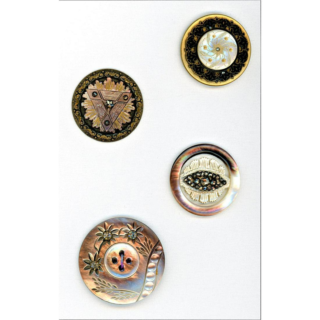 Small Card Of Division One Pearl Buttons: 4 Large assorted pearl buttons from the 19th century. Included is a beautiful engraved and gold outlined pearl set in metal, a carved and steel cut mounted pearl on brass, an engraved and paste OME (o