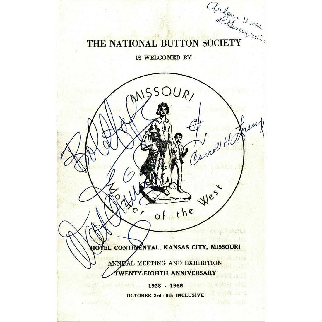 A Rare National Button Program Signed By Walt Disney: A 1966 National Button Society program with rare signatures. In 1966 Jan Voss of Wisconsin had the unique opportunity of meeting both Walt Disney and Bob Hope at the annual National Button Society con