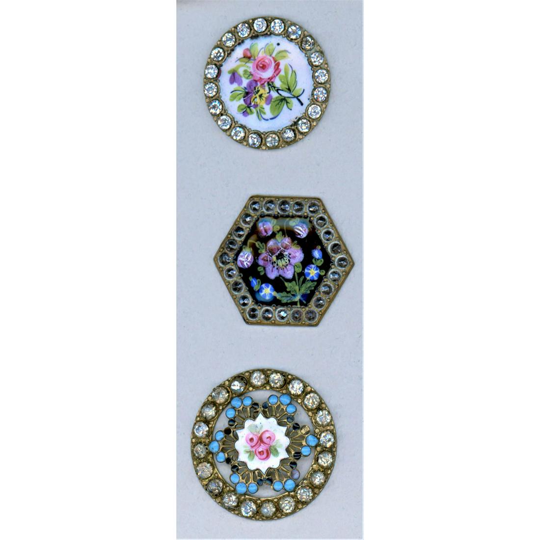Small Card Of Assorted Division 1 Enamel Buttons: 3 Large paste or steel bordered 19th century buttons. These beautiful examples include various hand painted florals with either paste or steel borders. The 6 sided example in contrasting background co