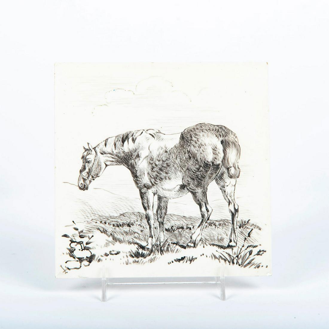 Vintage Isabel Lewis Ceramic Tile, Horse: Square form; glazed. Depicts a horse in landscape. Chip to piece. Artist: Isabel Lewis Issued: 20th c. Dimensions: 6"L x 6"W
