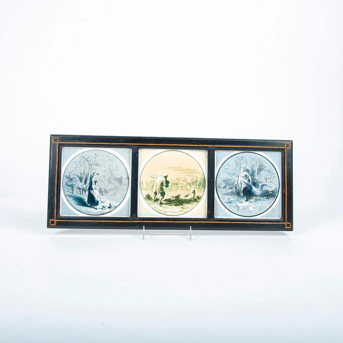 3 Pc Minton, Hollins And Co. Tiles, Farm And Country,: Vintage set. Ceramic; pictorial tiles. 3 individual scenes of people with animals. 2 black and white; 1 brown colored transferware. Minton, Hollins backstamp. Tiles are 4.75" each. Issued: 19th c. Dim