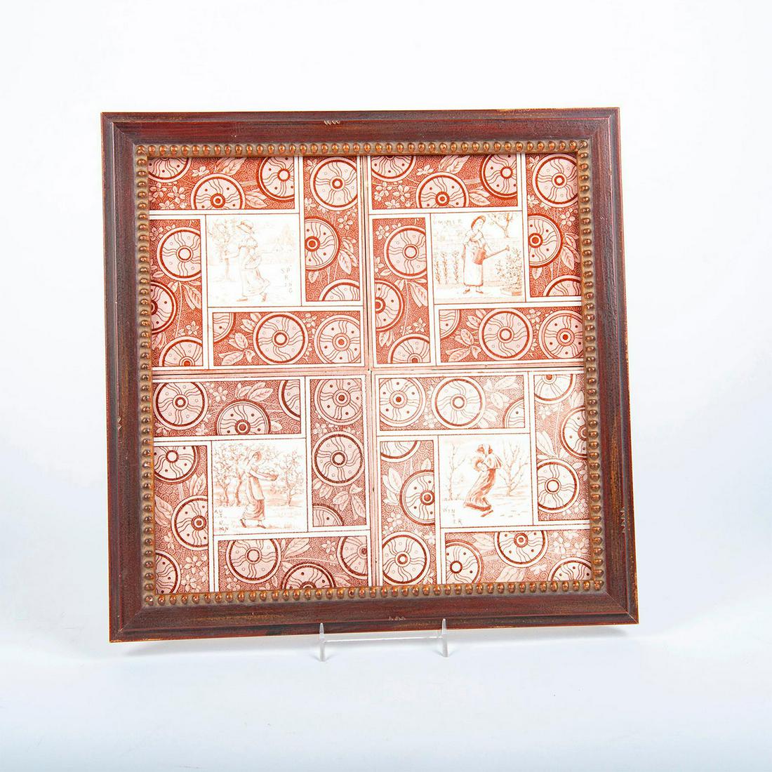 4 Pc Minton Ceramic Transferware Tiles, Four Seasons,: Ceramic pictorial transfer of women doing chores; Summer, Spring, Winter and Autumn scenes. Housed in square wooden frame. Tiles are 6". Age related wear. Issued: 19th c. Dimensions: 14"W x 14"H Manuf