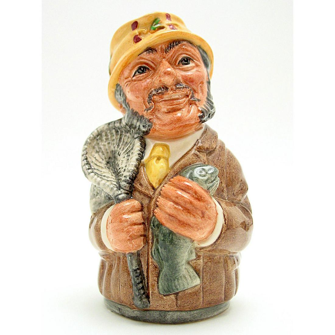 Fred Fly The Fisherman D6742 - Royal Doulton Toby Jug: Royal Doulton Toby Jug, Fred Fly the Fisherman D6742 (light brown coat; tan hat; grey fish and net). Designed by William K. Harper. Series: The Doultonville Collection, issued 1986 - 1991. Size: 4''H 