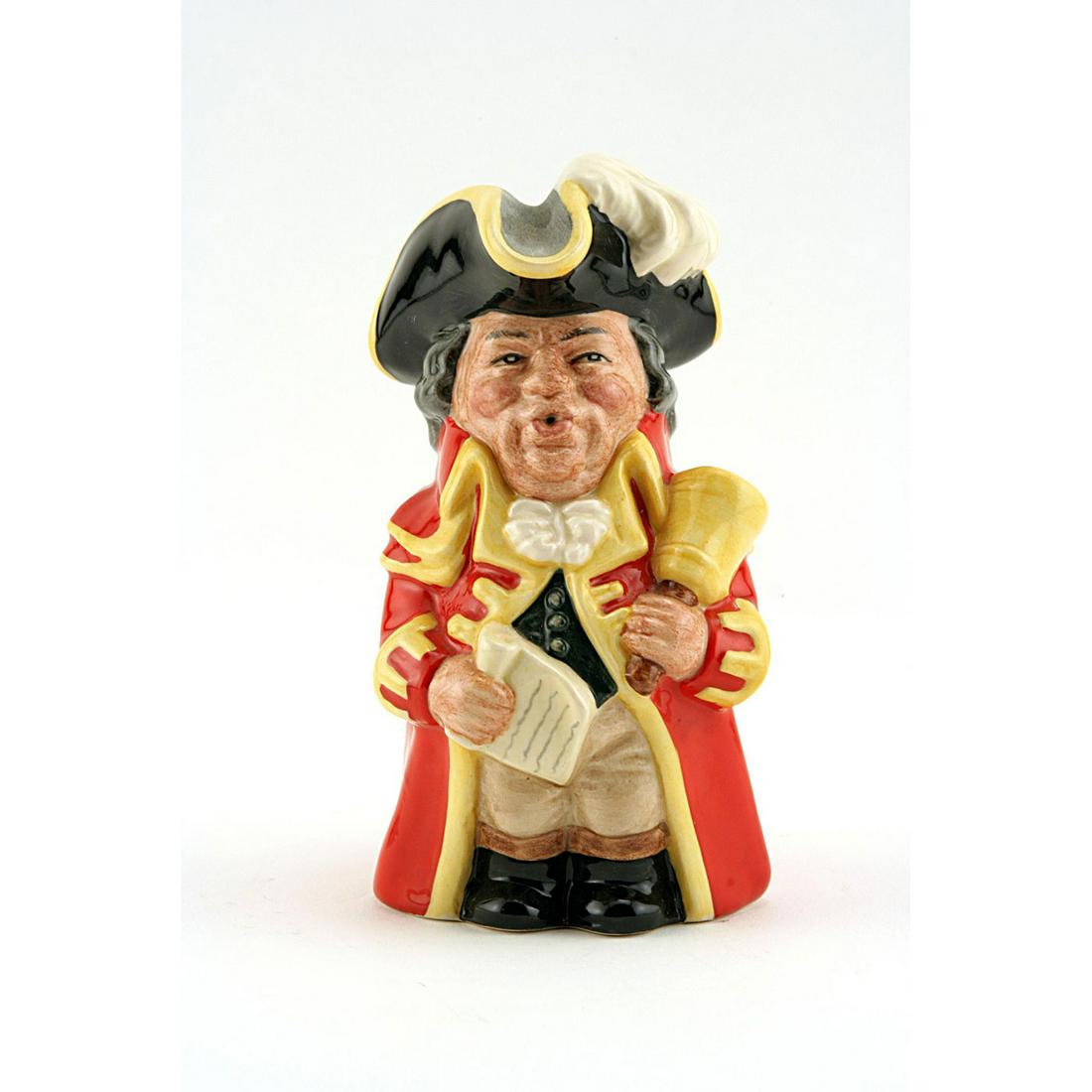 Town Crier D6920 - Royal Doulton Toby Jug: Royal Doulton Toby Jug, Town Crier D6920 (scarlet great coat trimmed with yellow; black tricorn hat trimmed with yellow; white feather). Designed by Stanley J. Taylor, issued 1992 in limited edition o