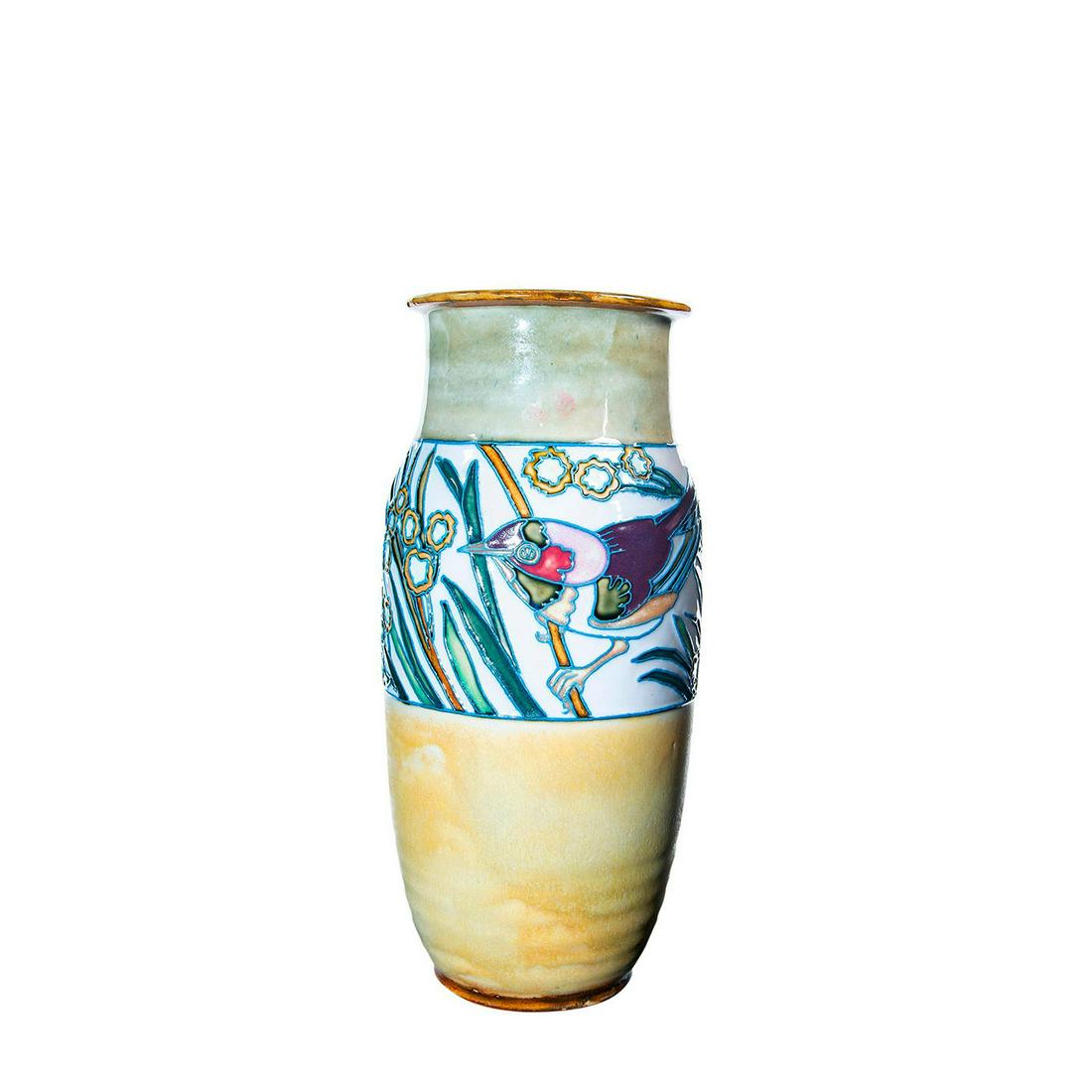 Royal Doulton Lambeth Harry Simeon Vase, Bird: Stoneware; ovoid form with ribbed base and everted rim. Tube lined flowers and bird design. Tan exterior with multicolored floral and bird design; cobalt blue glazed interior. Signed HS.Doulton impres