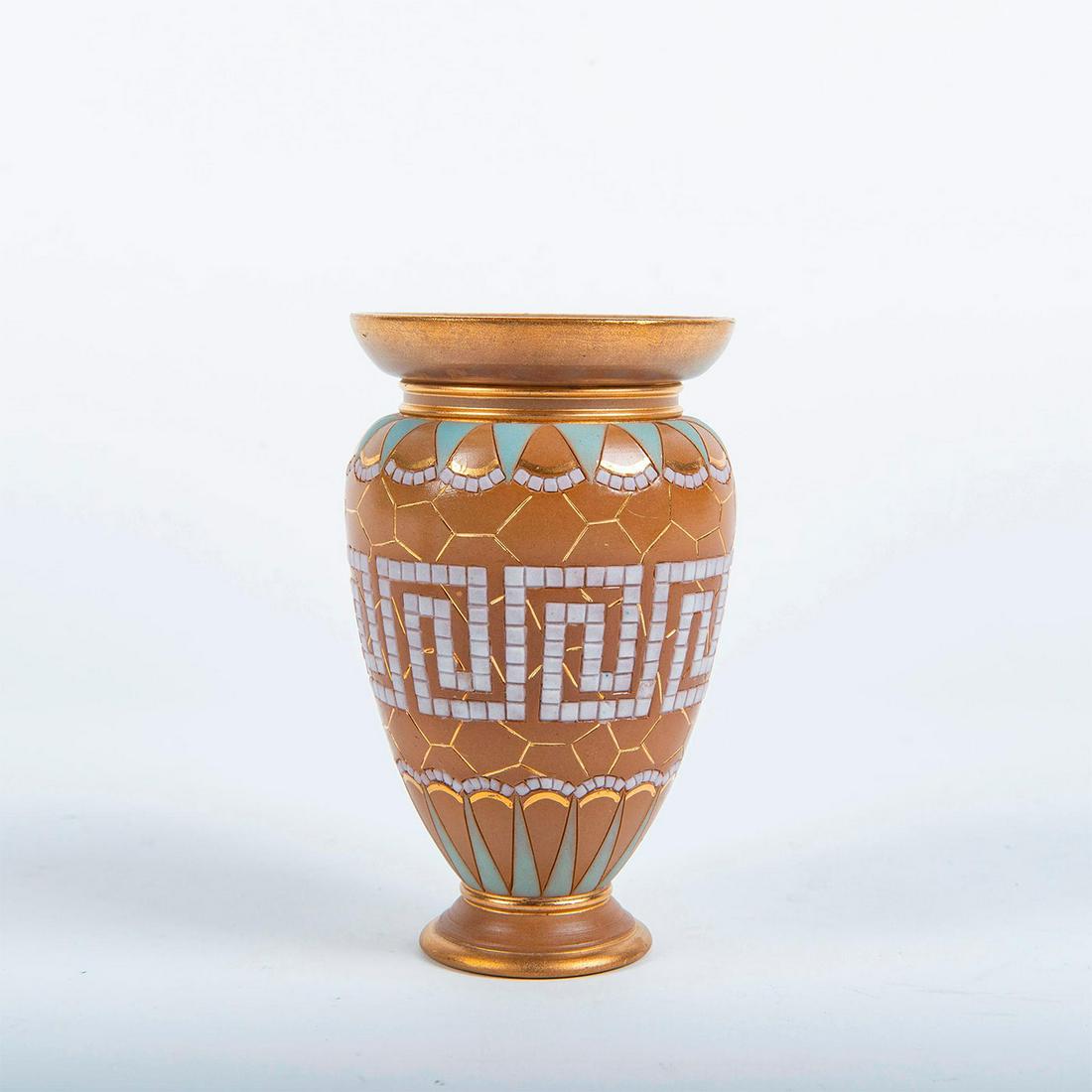 Doulton Lambeth Mosaic Silicon Ware Small Vase: Hand painted, brown tone; designed with gilt mosaic style decorations. Doulton Lambeth Silicon Ware mark. Issued: Late 19th c. to early 20th c. Dimensions: 5.25"H Manufacturer: Doulton Lambeth Country