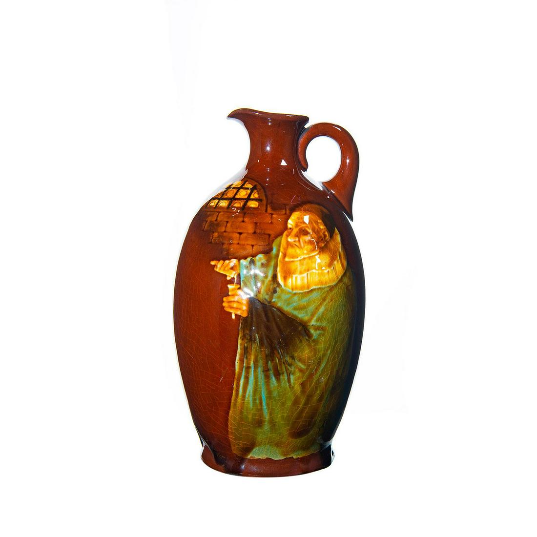 Royal Doulton Kingsware Flask, Alchemist: Brown, tan and green glaze. Features Alchemist on body. Signed. Royal Doulton backstamp. Crazing to body. Artist: C. Noke Issued: c. 1904 Dimensions: 8.5"H Manufacturer: Royal Doulton Country of Origi