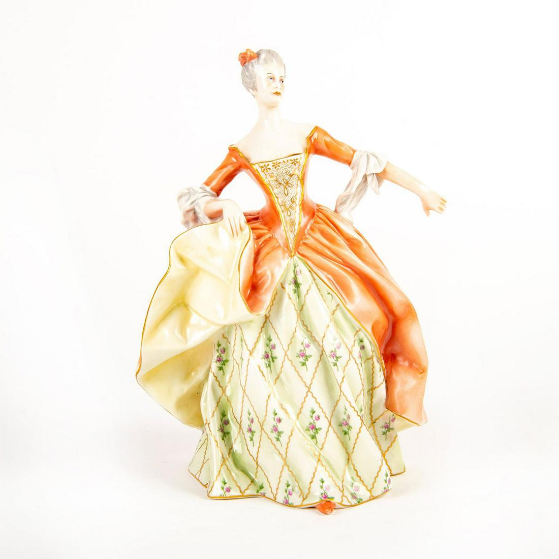 Capodimonte Ginori Large Figurine, Lady Dancing: Hand painted porcelain in floral and peach dress trimmed in gold gilt. Capodimonte Ginori blue mark and hand drawn and painted Made in Italy to bottom base, with slight fading to letters. Restoration