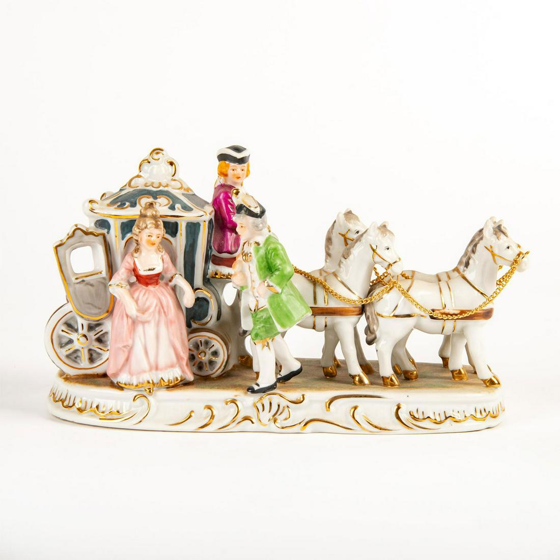Vintage Bisque Figural Group, Coach: Hand painted; gilt accents. Lady steps out coach as her beau hands her flowers. Bisque with applied gilded chains. Issued: 20th c. Dimensions: 10"L x 6"H