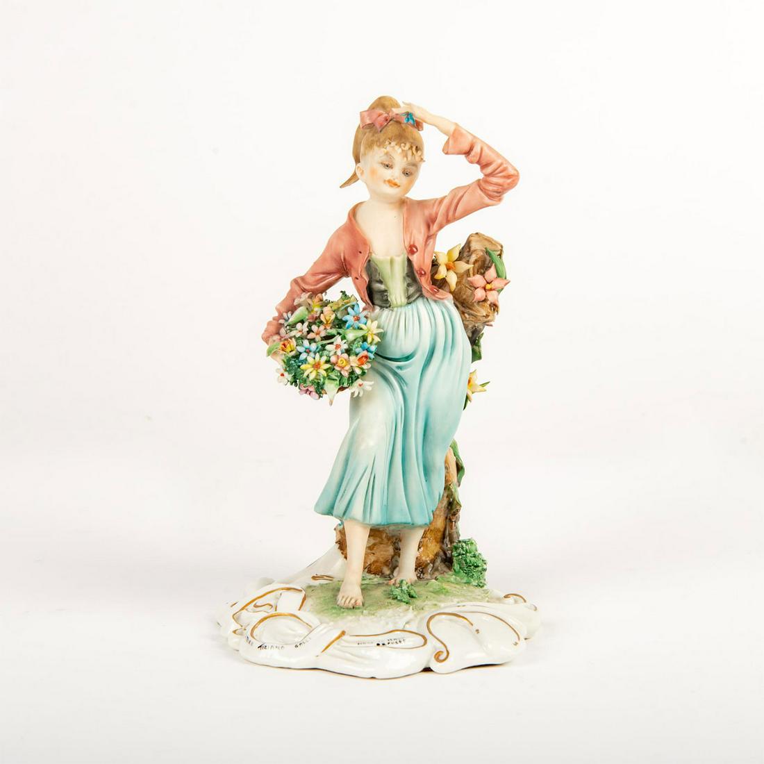 Tiziano Galli Lady Figurine, Spring: Capodimonte style; intricate floral arrangement. Girl walks in garden with basket of flowers. Titled on base; artist's name marked on base. Artist: Tiziano Galli Issued: 20th c. Dimensions: 8"H Countr