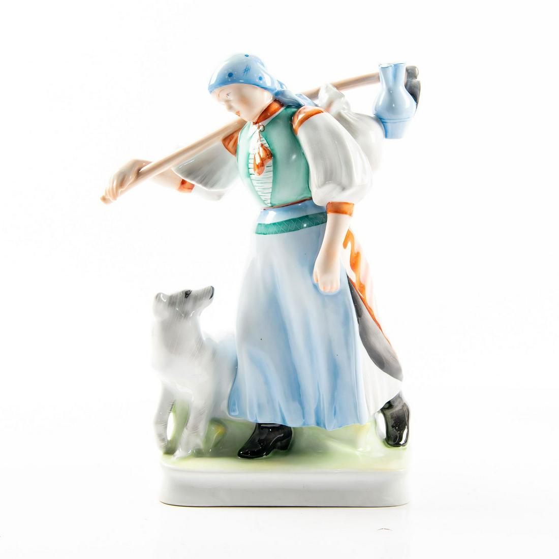 Zsolnay Pecs Large Group Figure Hungarian Peasant: Hand painted, depicts woman in traditional dress with dog. Zsolnay Pecs backstamp. Factory marking to bottom base. Issued: 20th c. Dimensions: 12.5"H Manufacturer: Herend Country of Origin: Hungary