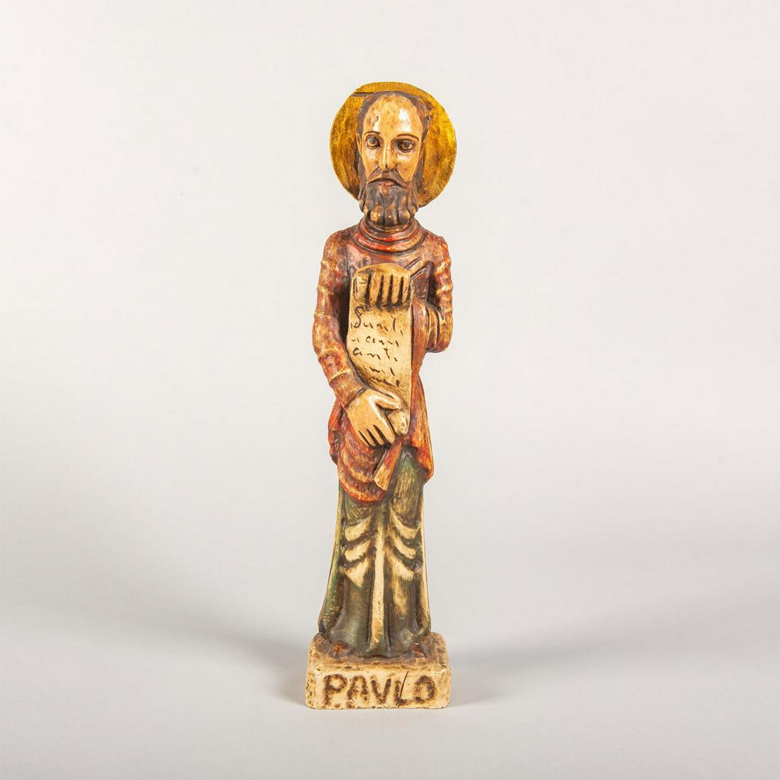 Large Vintage Wooden Character Statue, Saint Paul: Hand carved, hand painted. A stylized representation of an Italian Catholic friar. Impressed Pavlo to front bottom edge of base. Issued: Early to mid 1900s Dimensions: 14.5"H