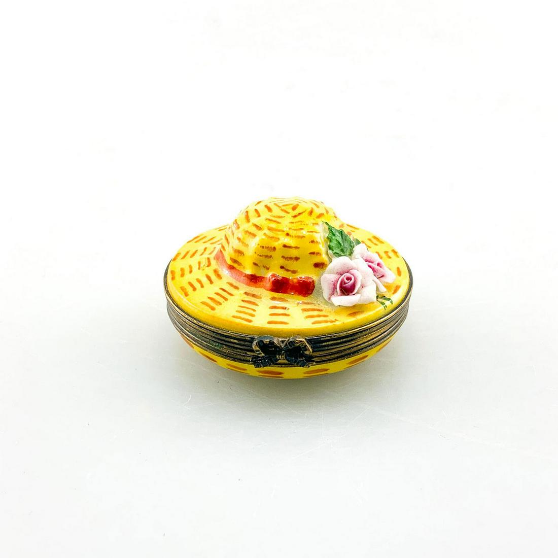 Vintage Limoges Sunhat With Roses Trinket Box: Imagined as a straw sunhat, red band, and pink roses. Marked Peint Main Limoges France GR to base.