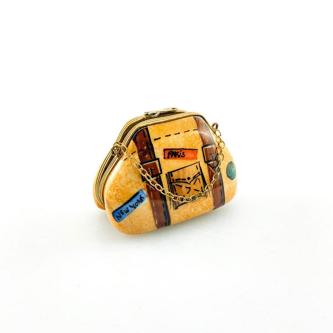 Vintage Limoges Box As A Travel Handbag: Limoges trinket box designed as a purse / Kelly Handbag style. Painted with Paris and New York USA to exterior and marked Limoges France Peint Main PM to interior.