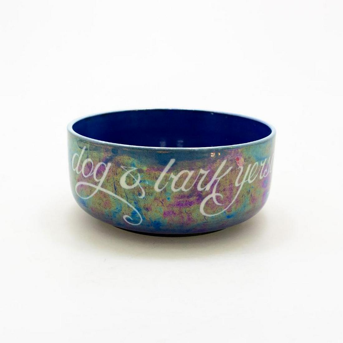 Shelley Bone China Art Deco Iridescent Lustre Dog Bowl: Extremely rare, unrecorded cobalt blue bowl with exquisite lustrous glazed finish. Encircling whimsical Scottish motto DINNA KEEP A DOG AND BARK YERSEL. SHELLEY backstamp. #ShelleyBoneChina #BritishCe