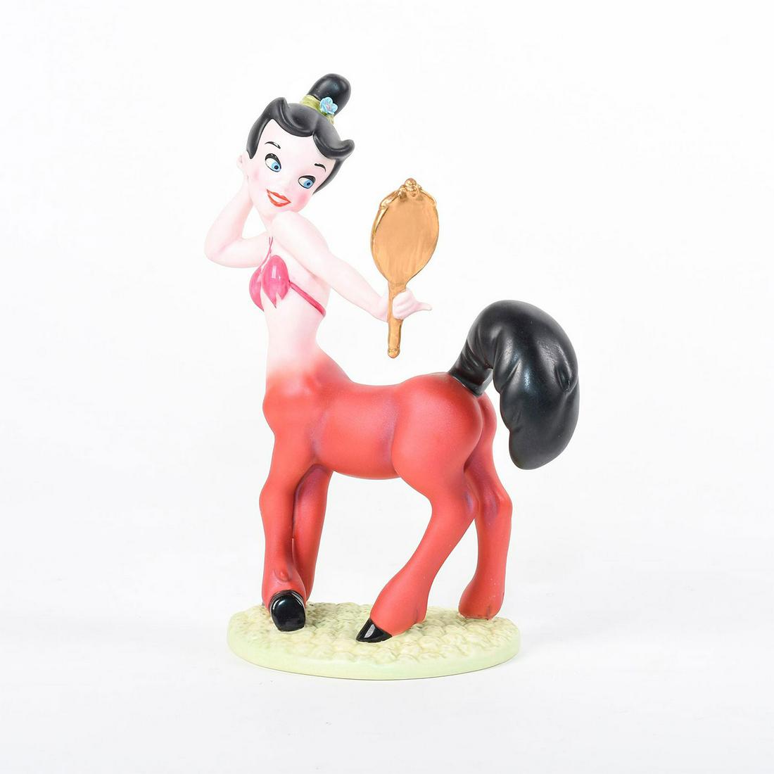 Disney Figurine, Centaurette, Romantic Reflections,: A pretty centaurette admires her reflection in her hand-held mirror. Pink Centaurette from the Disney film 'Fantasia'. Gilt decorated hand mirror. A delicate blossom graces her hair ribbon. #disney #f