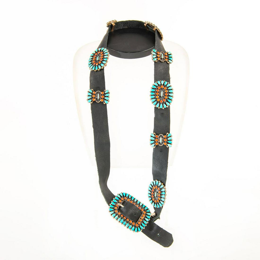 Native American Zuni Turquoise & Coral Concho Belt (1 of 4)