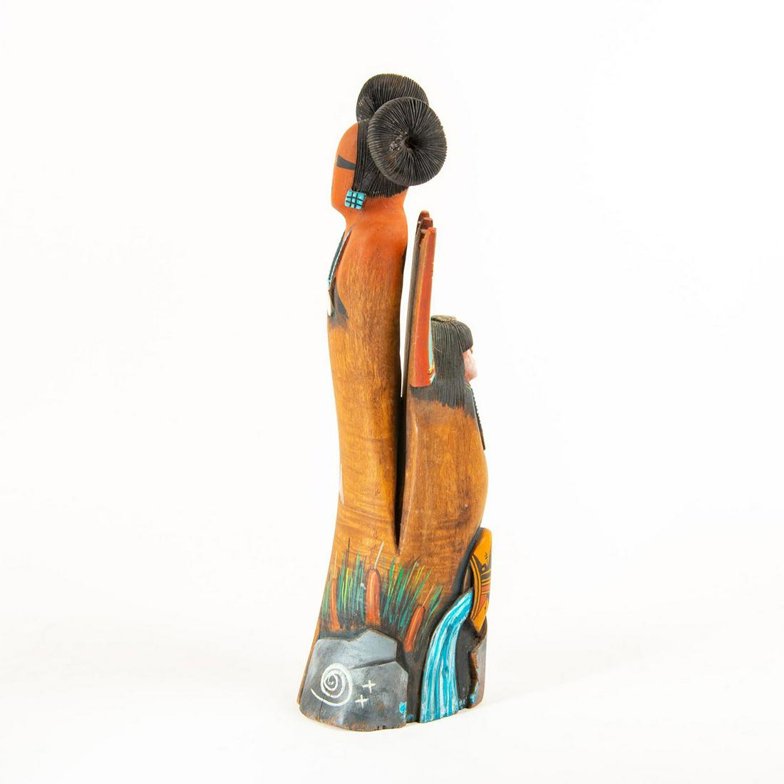 Native American Randall Sahmie Hopi Kachina, Maidens: Hand carved cottonwood; painted design. Depicts 2 Corn Maidens. Titled and signed on the underside. Issued: 20th c. Dimensions: 15.5"H Country of Origin: United States
