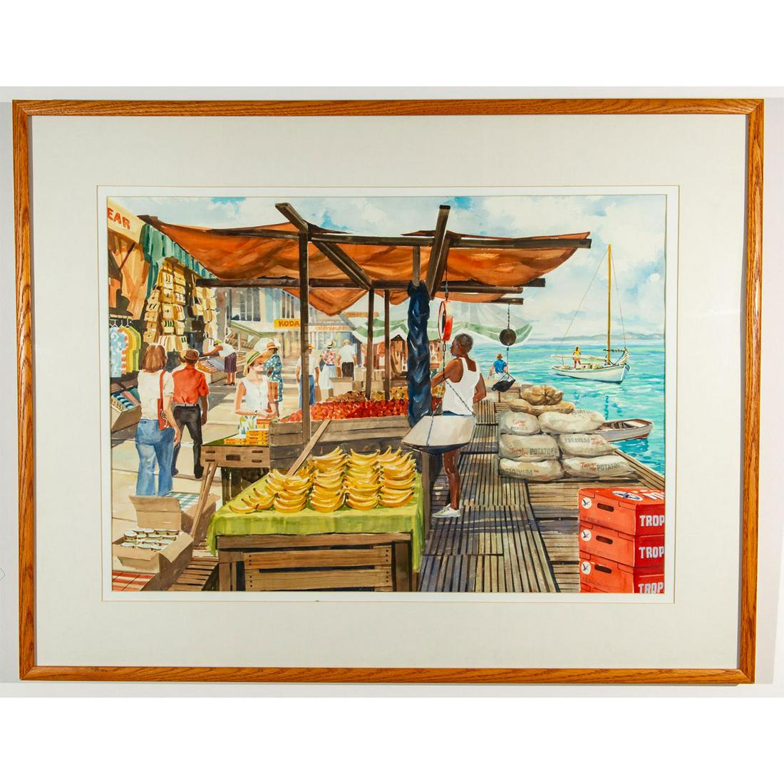 Framed Watercolor, Dockside Market: Possibly artist Auerbach, not verified. Hanging hardware to backside. Issued: 20th c. Dimensions: 29.25"H x 37.25"L