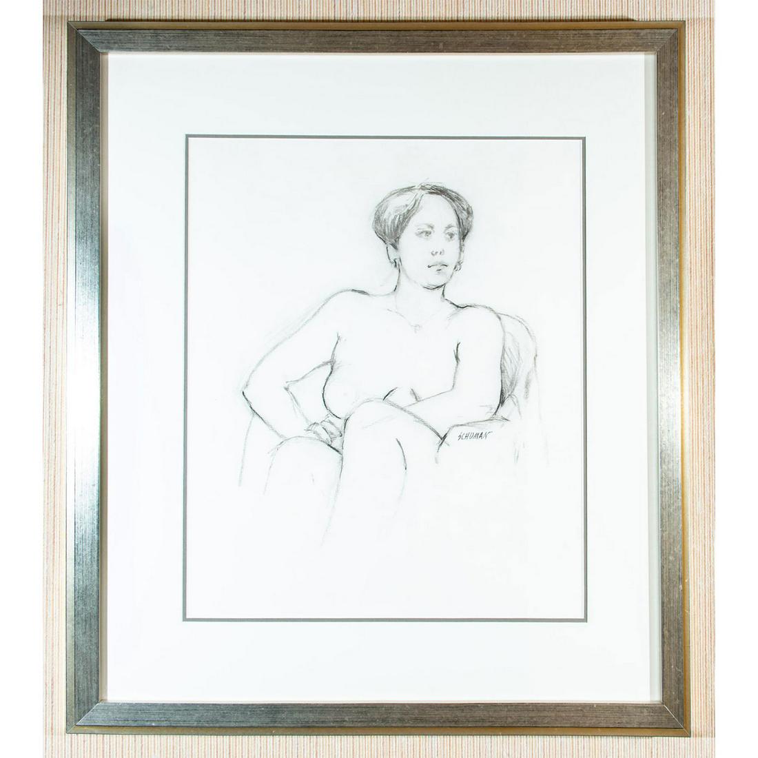 Framed J. Schuman Charcoal Drawing: Charcoal drawing of a seated nude woman. Encased in a gilded and silver frame with white matte outlined in grey. Artist signed. Hanging hardware to backside. Artist: J. Schuman Issued: 20th c. Dimensi