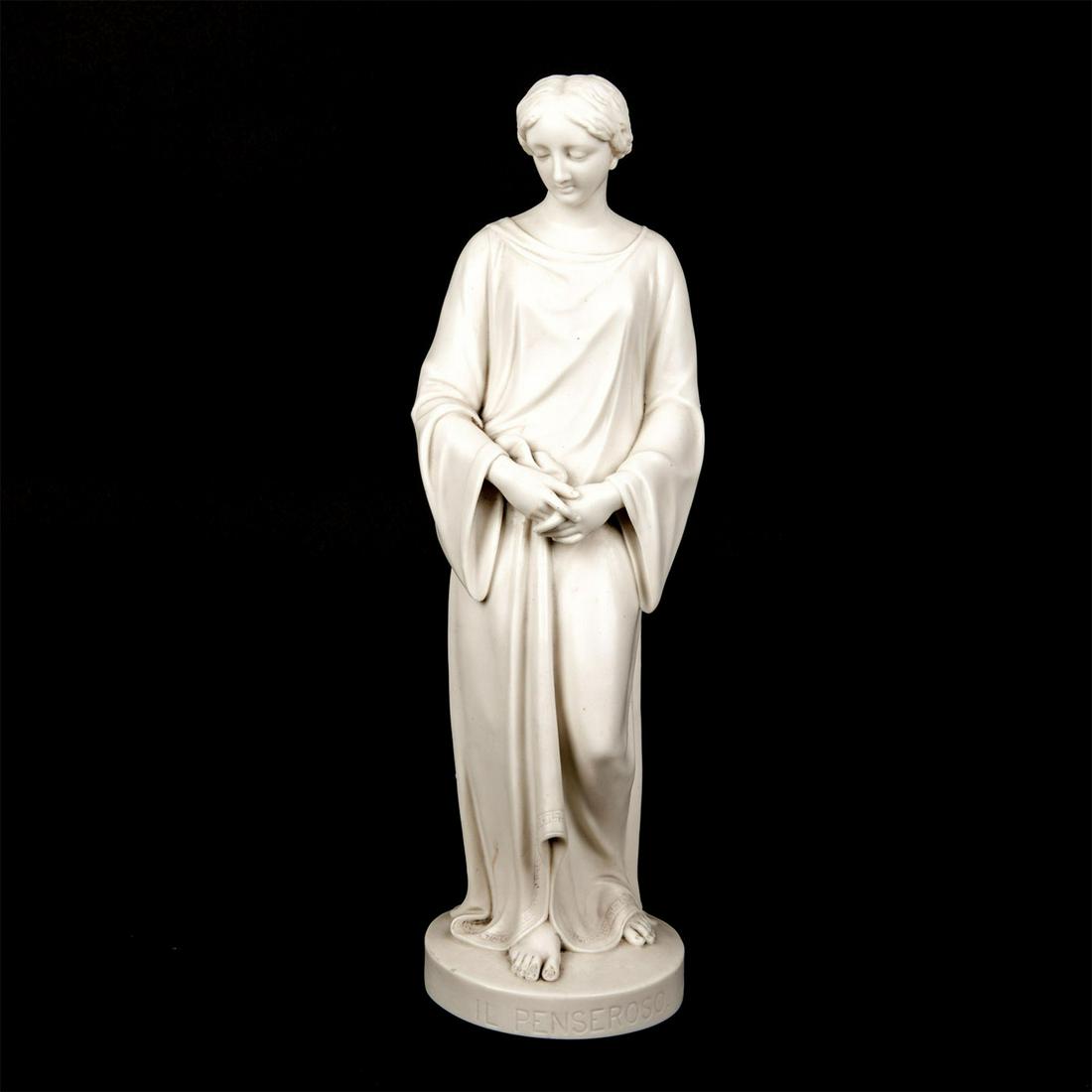 19Th Century Parian Ware Figure, Il Penseroso: Figure wearing classical robes staring pensively to the ground. John Milton inspired. Stunning statuette modelled to depict melancholy. Titled on base. Chips to base. Issued: 19th c. Dimensions: 15.5"