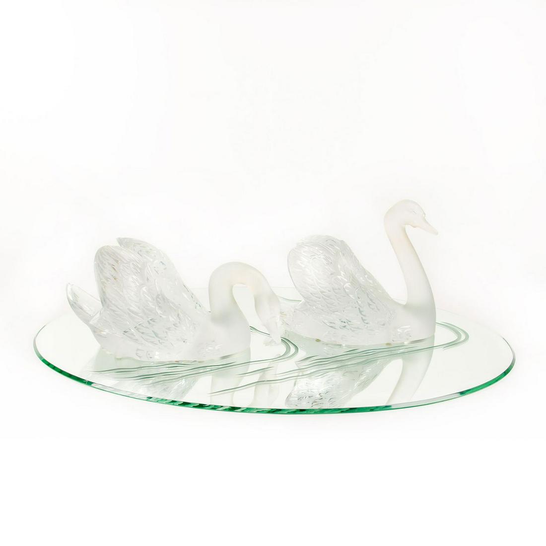 Lalique Set of 2 Crystal Swans on Mirror Base (1 of 14)