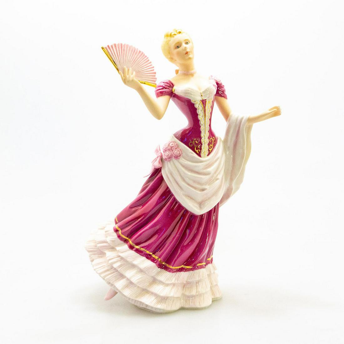 Franklin Mint Lady Figurine, Vienna Waltz: Hand painted fine bisque porcelain figure; woman dancing while waving hand fan. Magenta and pink colorway; gilt highlights. 1990, THE FRANKLIN MINT marked on the underside. Broken fingers on left hand