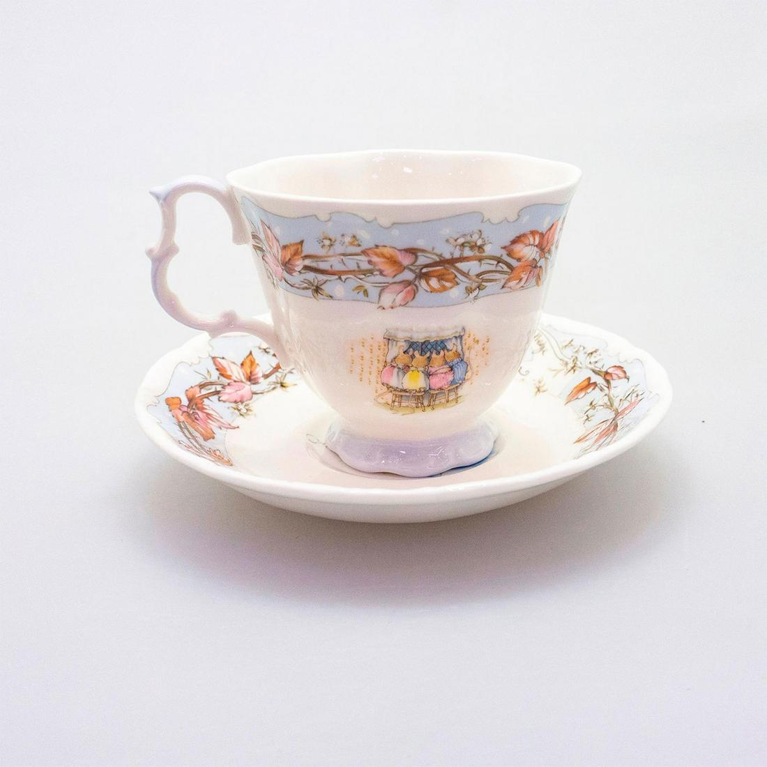 Royal Doulton Brambly Hedge Tea Cup and Saucer, Winter: Part of a series of four seasons from The Brambly Hedge Gift collection. Tea cup 3"H, Saucer 5.5"D Artist: Jill Barklem Issued: c. 1983 Manufacturer: Royal Doulton Country of Origin: England