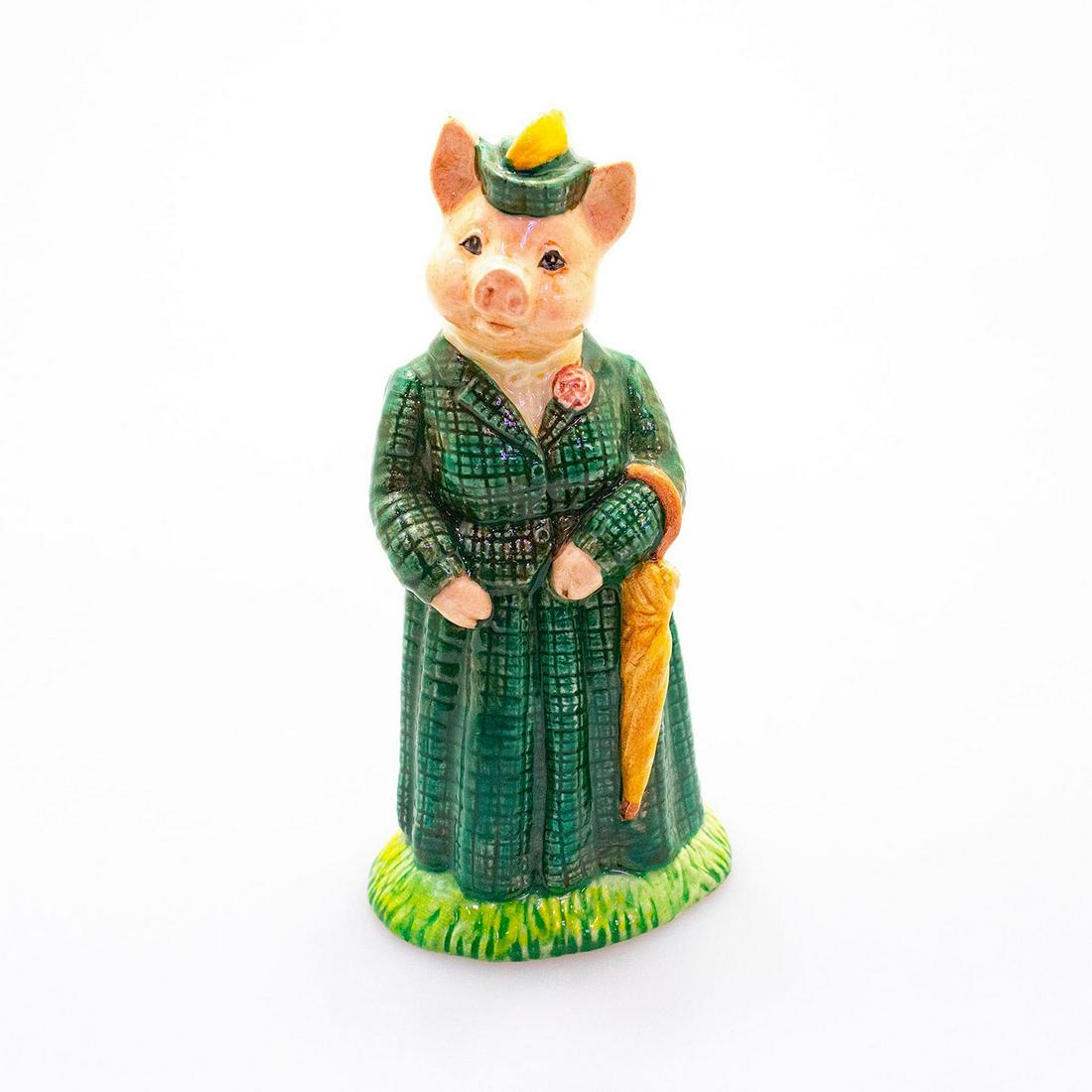 Beswick Country Folk Figurine, The Lady Pig ECF8: Part of the English Country Folk collection. Modeled a a character pig dressed in a green suit dress. Beswick backstamp. Signed and dated. Artist: Amanda Hughes-Lubeck Issued: 1993 - 1999 Dimensions: 